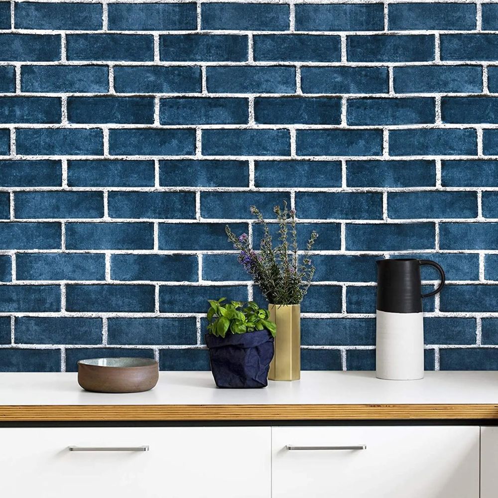 Papier peint brique bleu