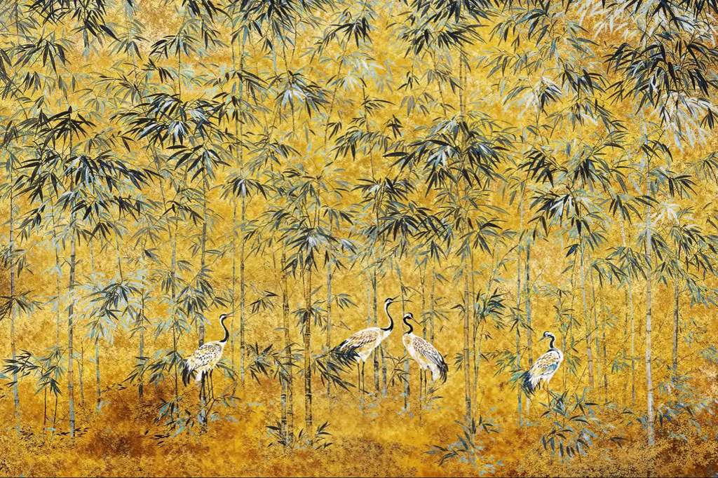 Papier peint grues japonaises fond jaune motif