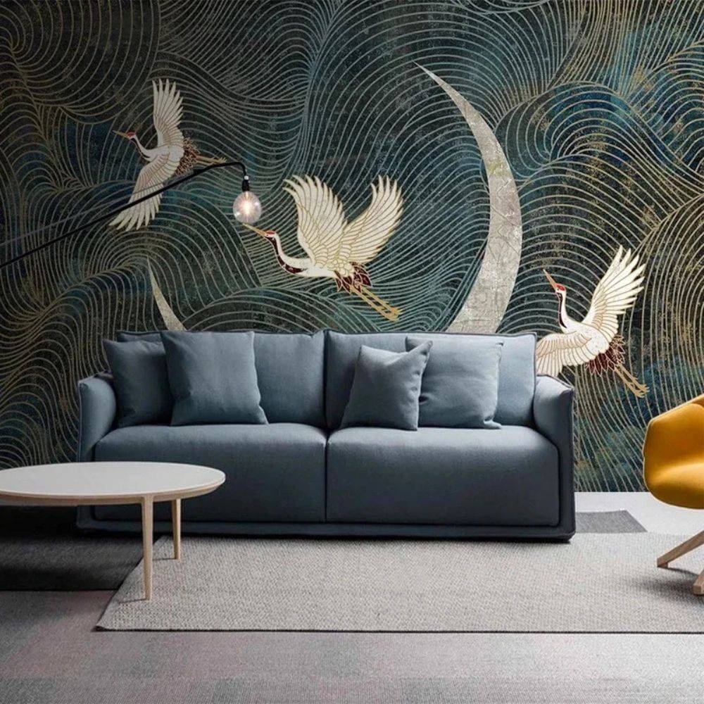 Papier peint japonais grues et lune sur fond bleu nuit deco mural