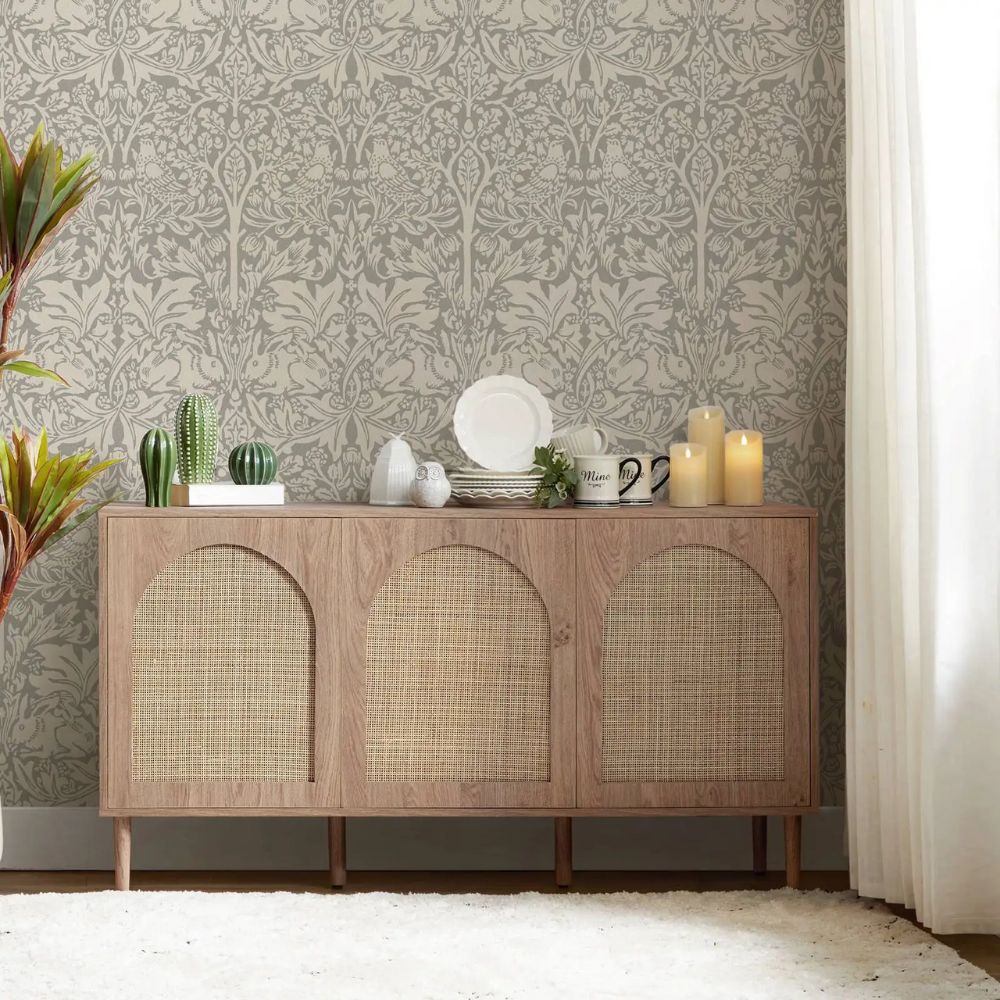 Papier peint William Morris gris taupe lapin et oiseaux deco mural
