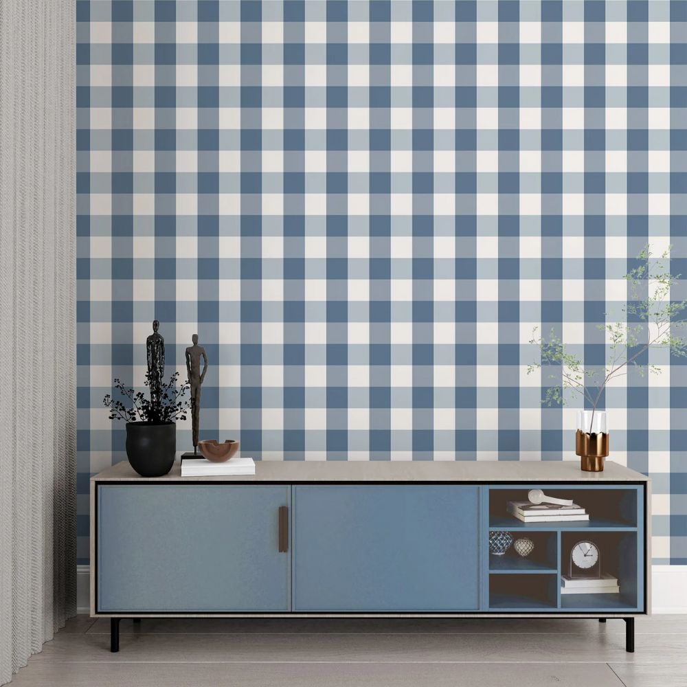 Papier peint à carreaux vichy bleu fond