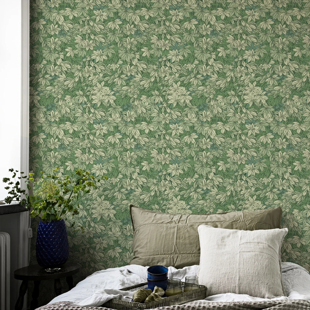 Papier peint feuillage vert sauge