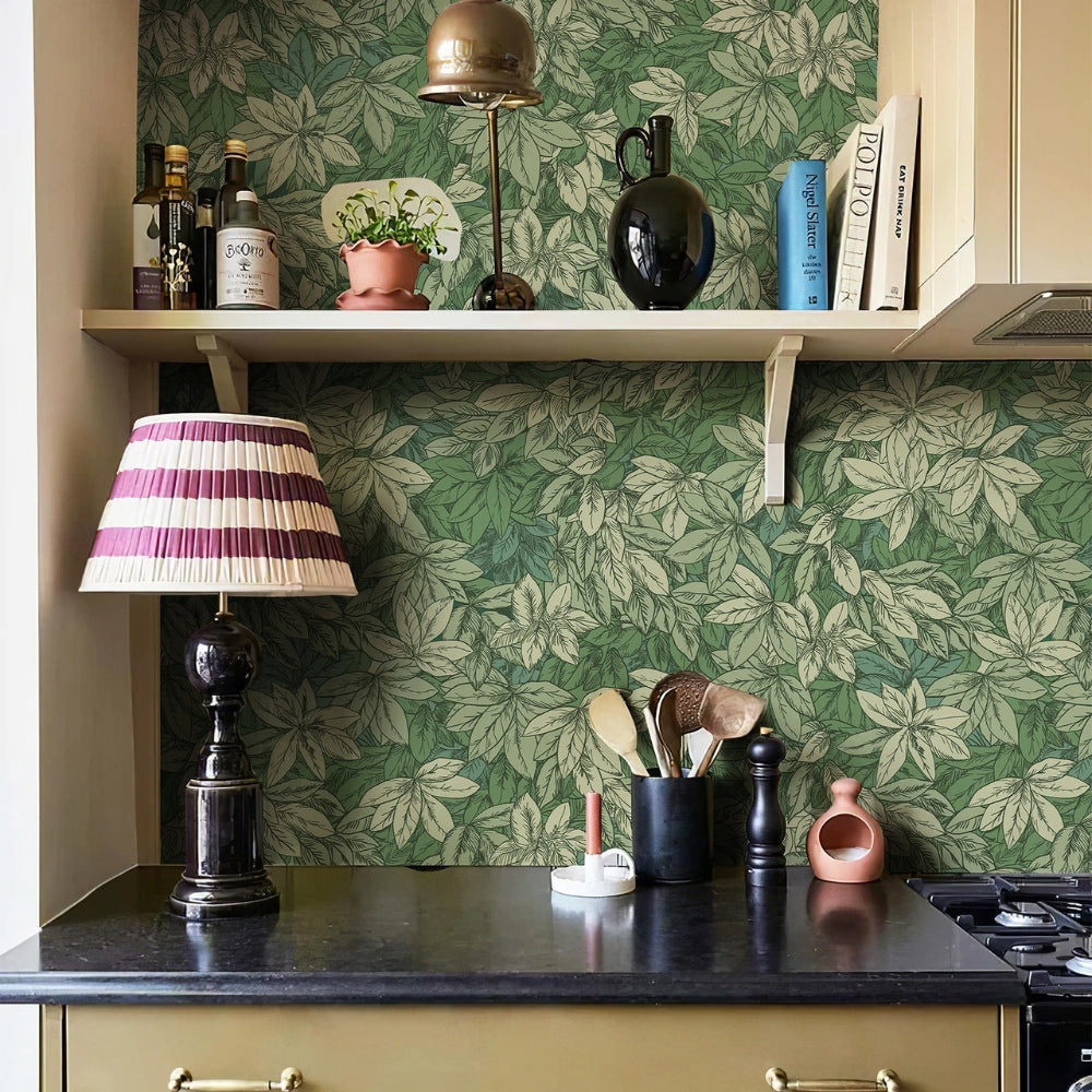 Papier peint feuillage vert sauge tapisserie murale