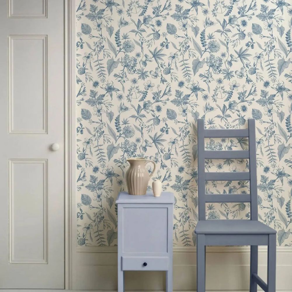 Papier peint fleuri vintage bleu