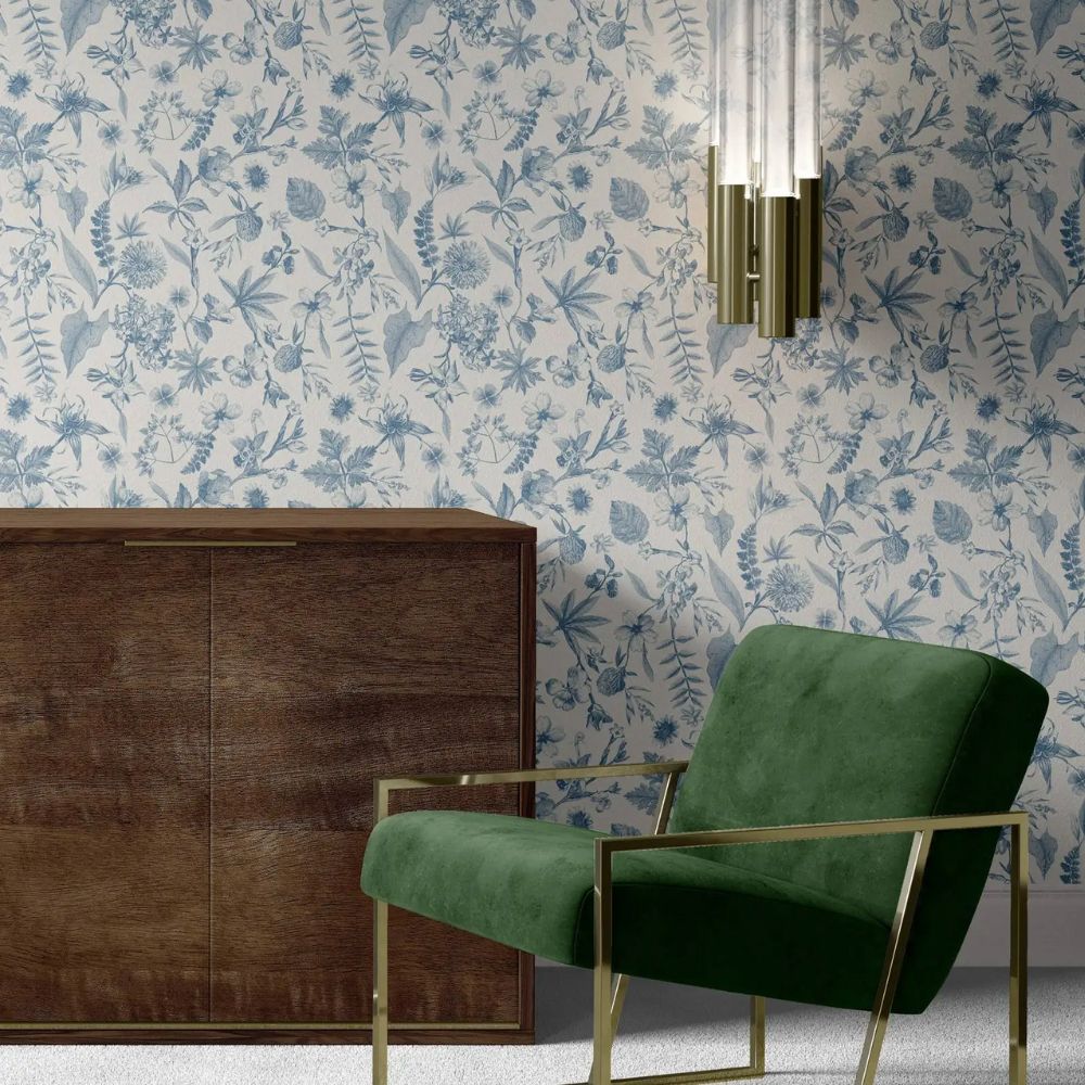 Papier peint fleuri vintage bleu décor