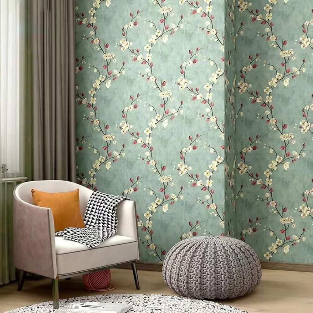 Papier peint fleuri vintage vert