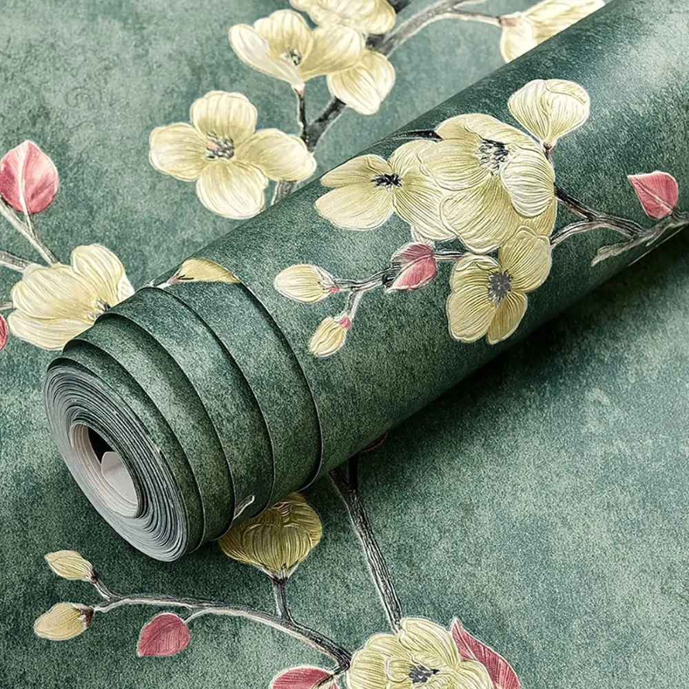 Papier peint fleuri vintage vert deco salon