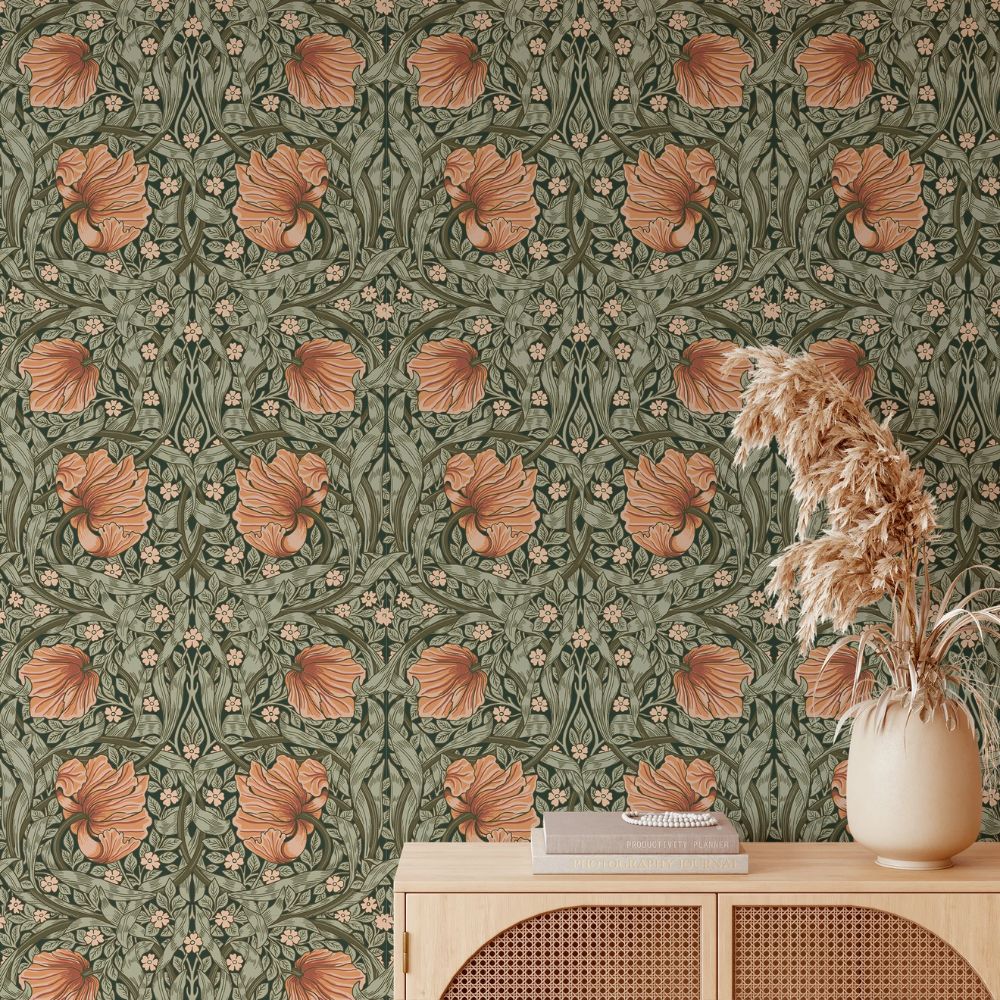 Papier peint floral terracotta et vert deco murale