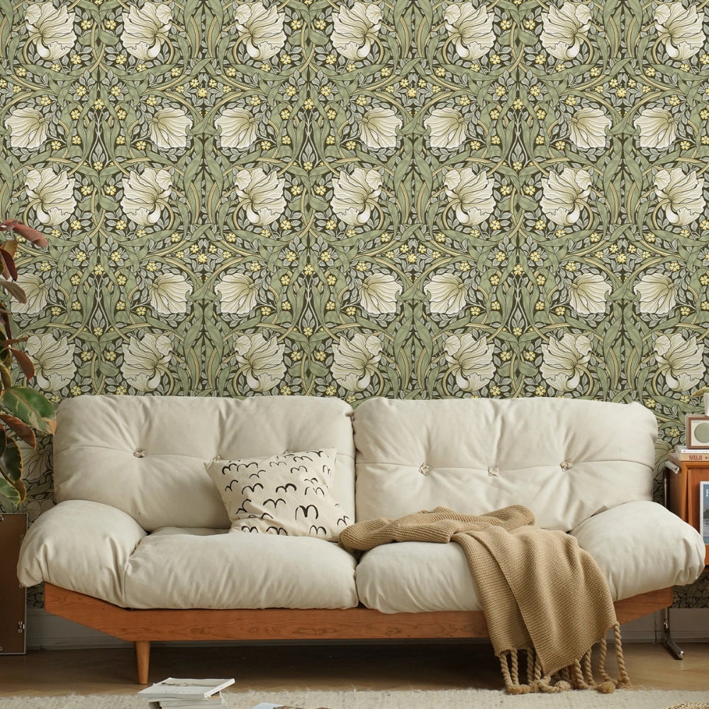 Papier peint floral vintage vert sauge decoration murale