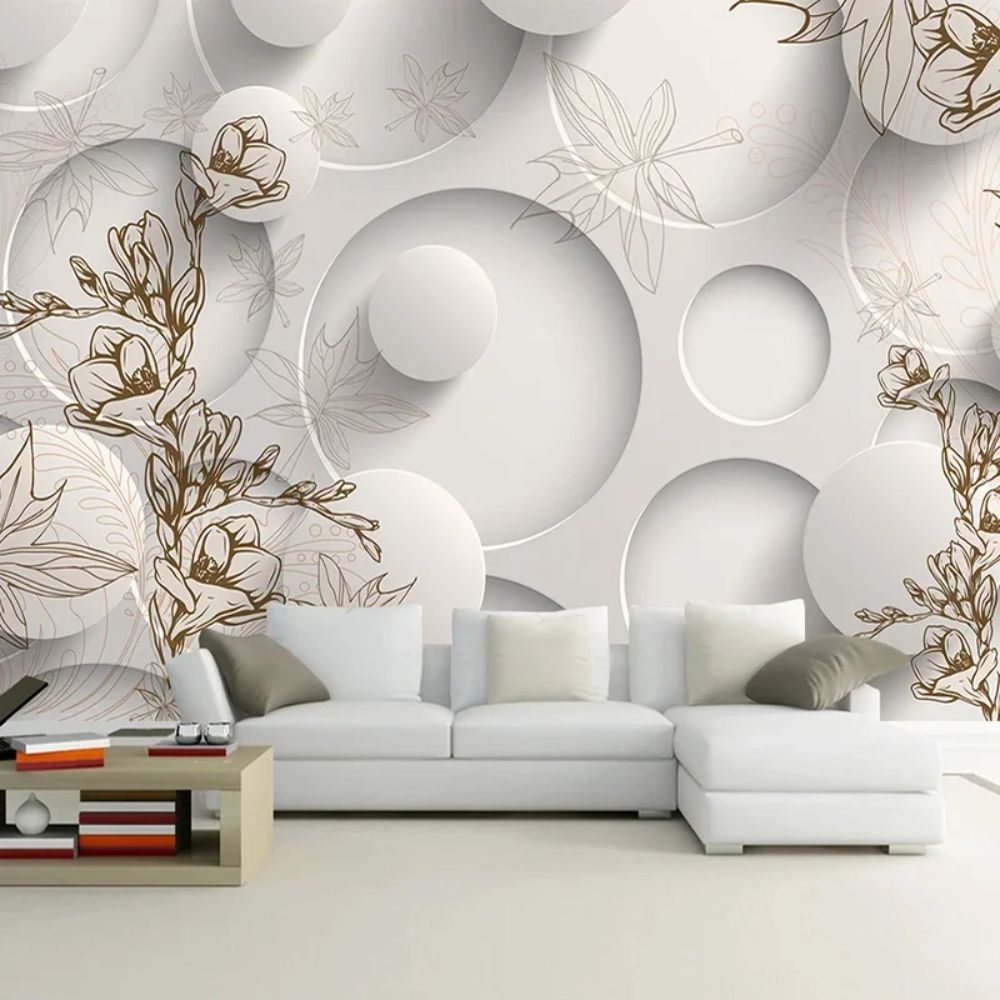 Papier peint geometrie et grosse fleur deco salon