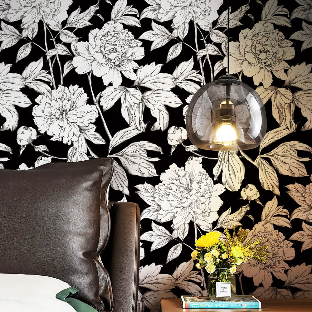 Papier peint grosses fleurs fond noir deco mural