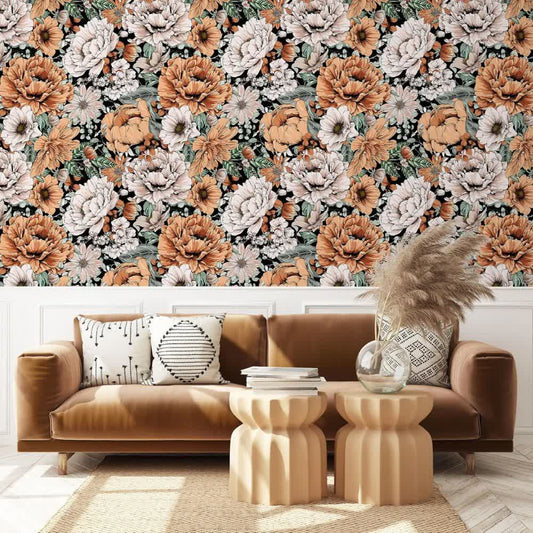 Papier peint grosses fleurs terracotta