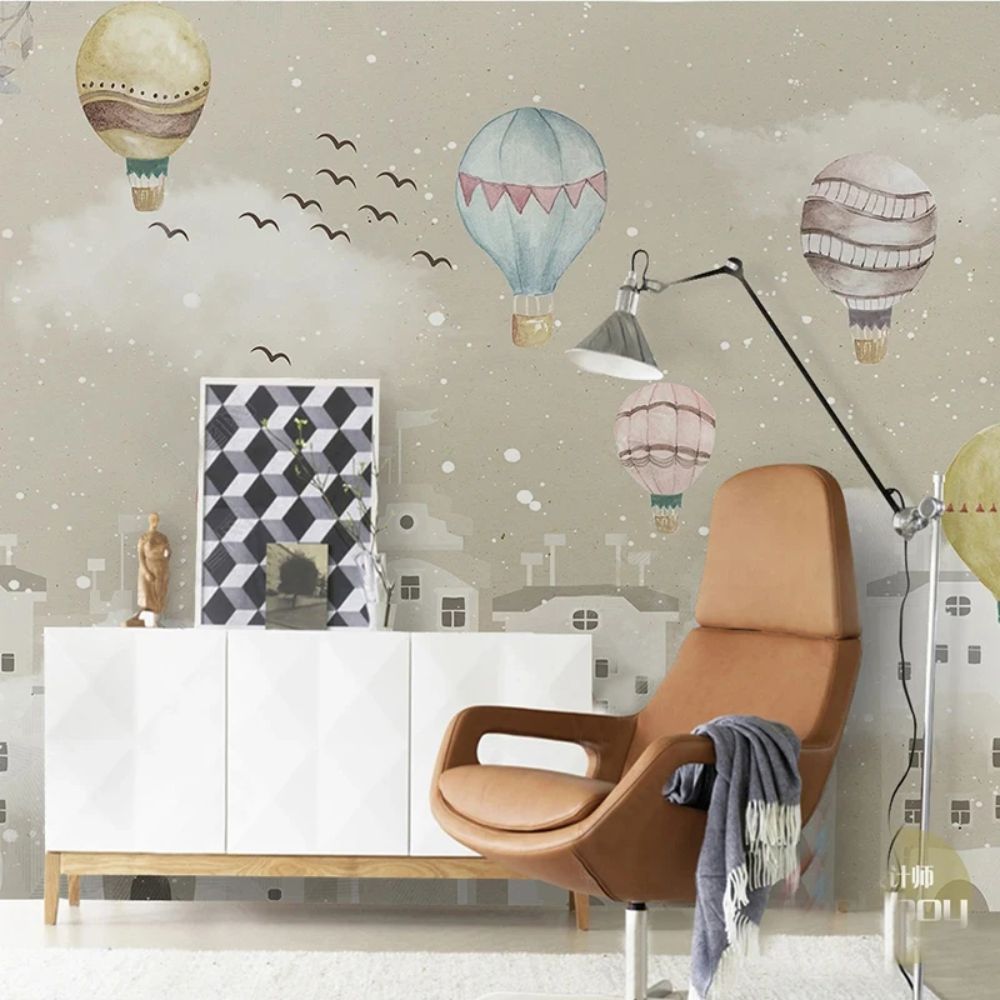 Papier peint montgolfiere beige deco mural