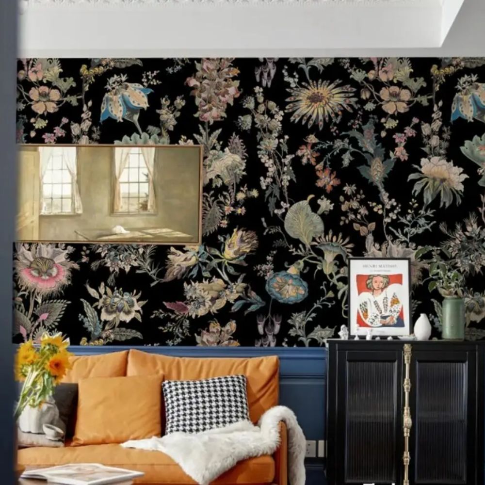 Papier peint noir et fleur vintage bedroom