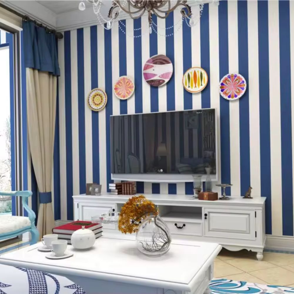 Papier peint rayures bleu marine Deco salon