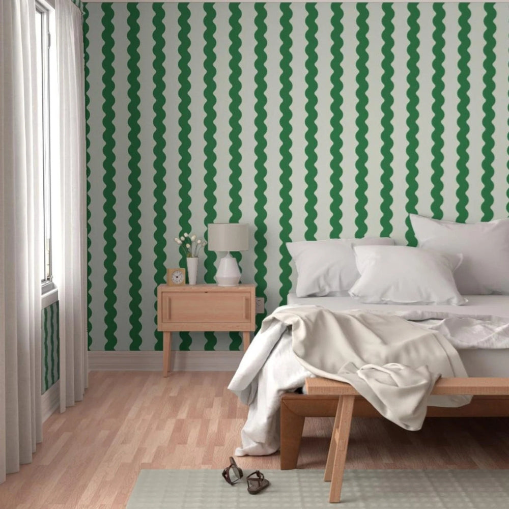 Papier peint rayures vertes ondulés