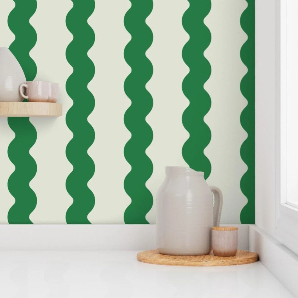 Papier peint rayures vertes ondulés decoration murale