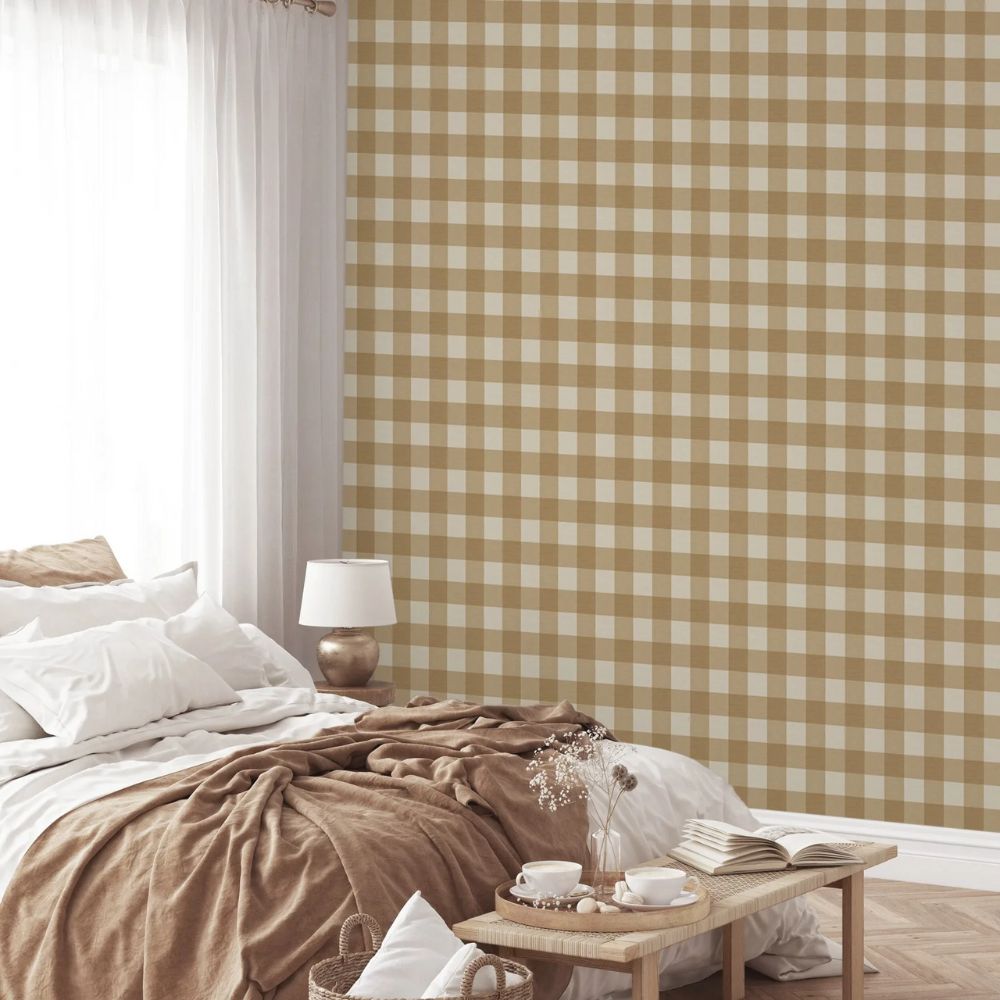 Papier peint vichy beige chambre