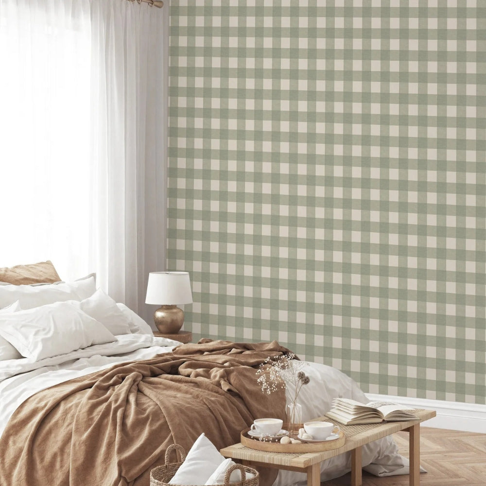 Papier peint vichy vert sauge