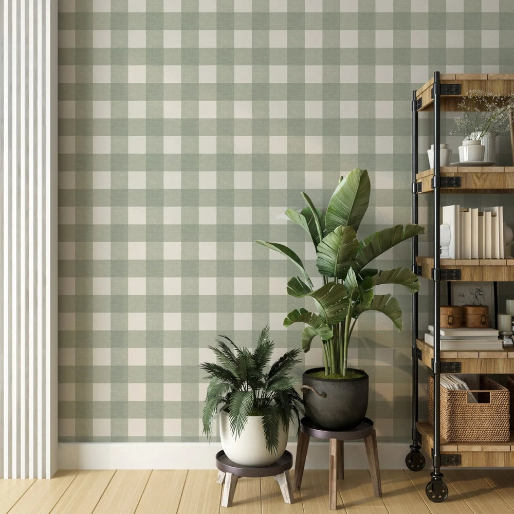 Papier peint vichy vert sauge decoration murale