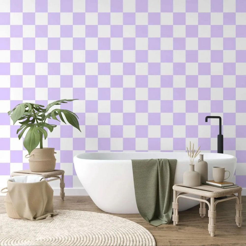 Papier peint vichy violet bathroom
