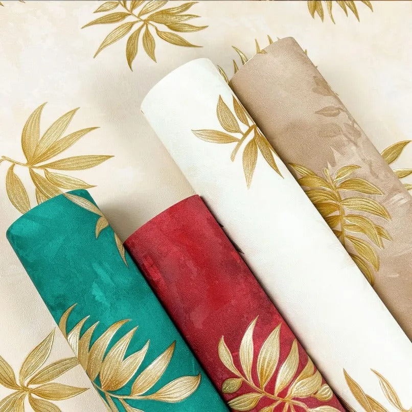 Papier Peint Feuillage Vert et Or