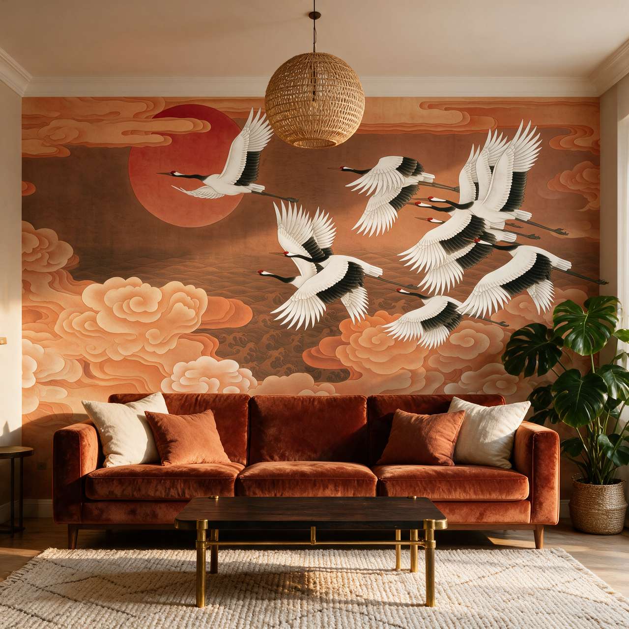 papier-peint-envol-des-grues-soleil-levant-photo-ambiance-2