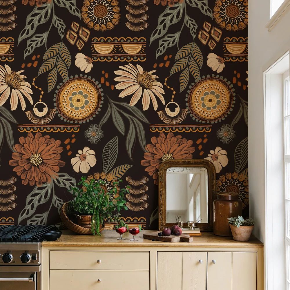 papier peint fleur marron vintage kitchen