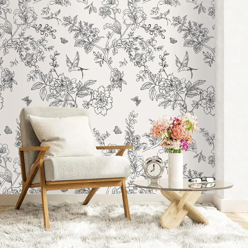 papier peint fleurs vintage noir et blanc