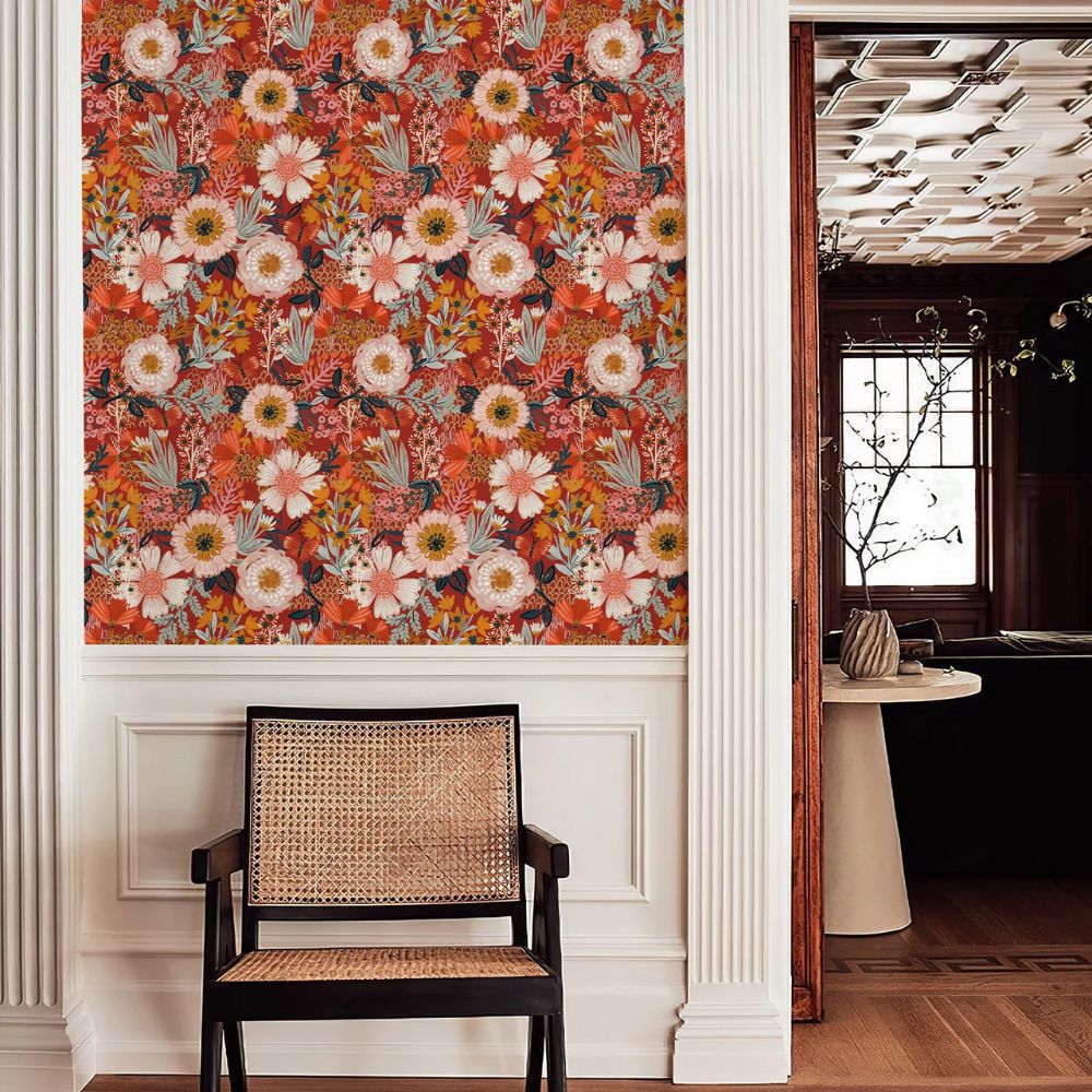 papier peint vintage fleurs orange