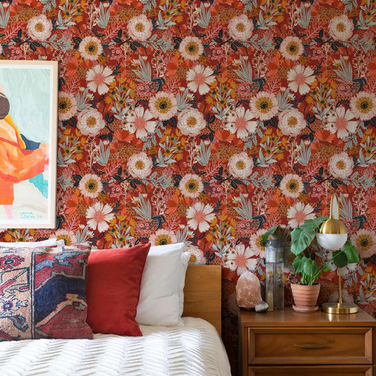 papier peint vintage fleurs orange chambre