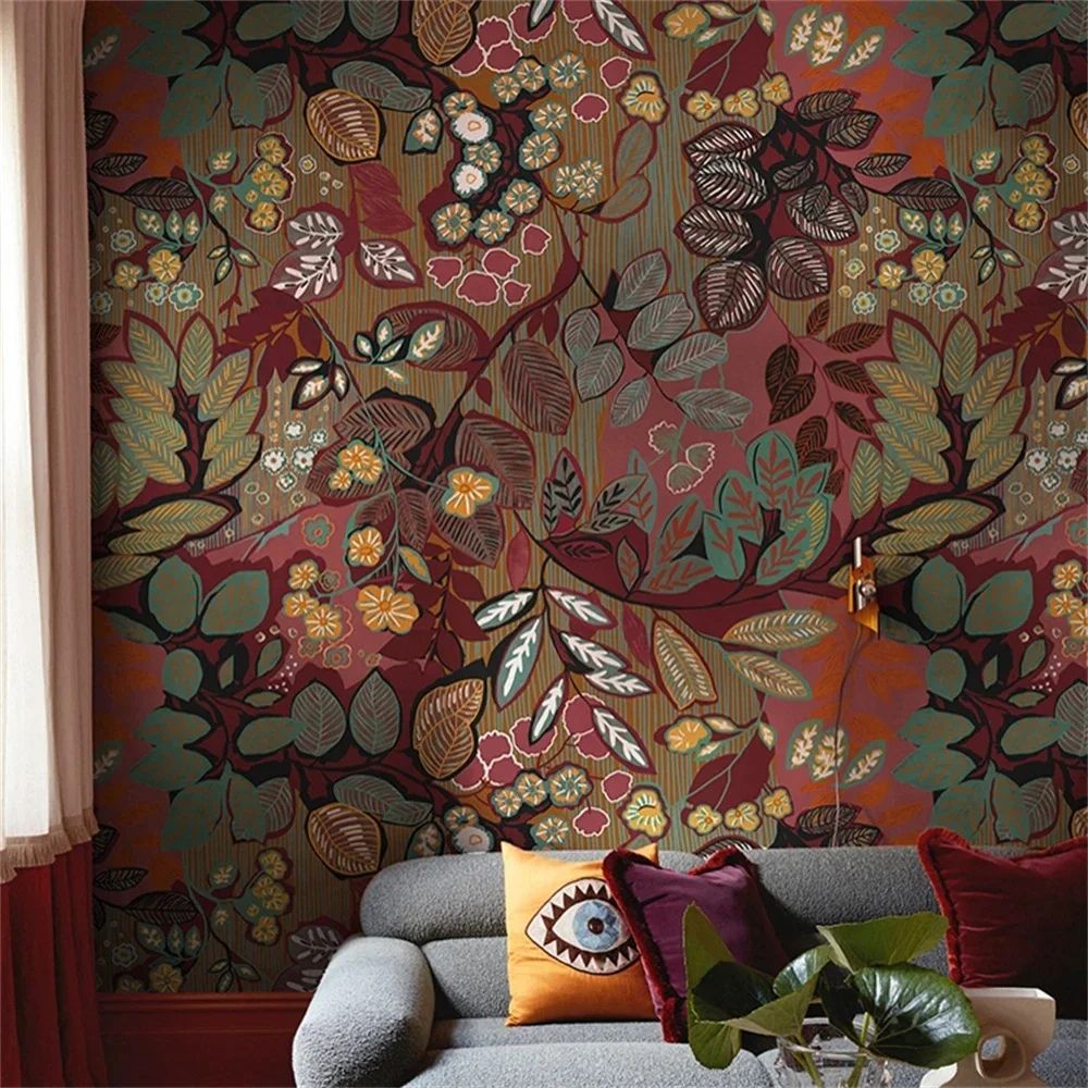 papier peint vintage fleurs rouges