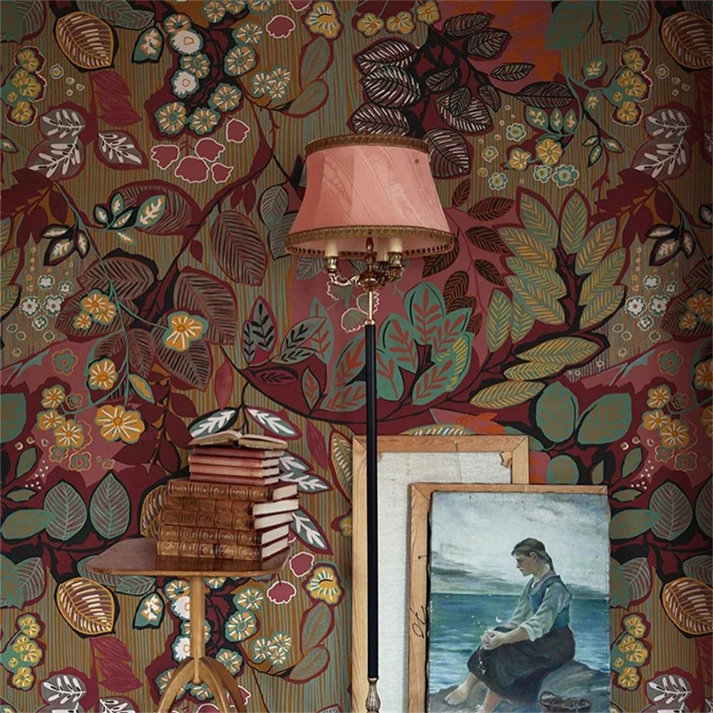 papier peint vintage fleurs rouges fond