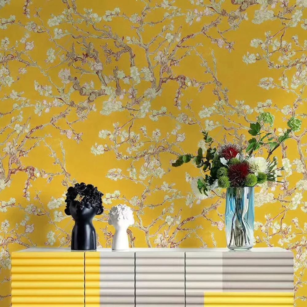papier peint vintage jaune fleurs