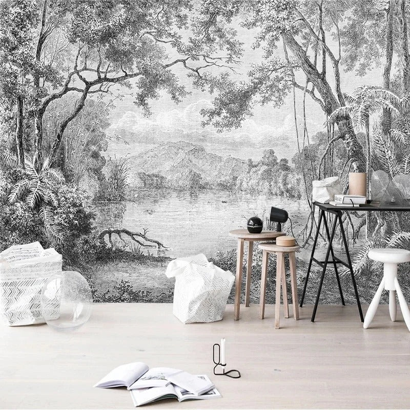Papier Peint Feuillage Noir et Blanc
