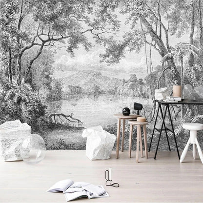 Papier Peint Feuillage Noir et Blanc