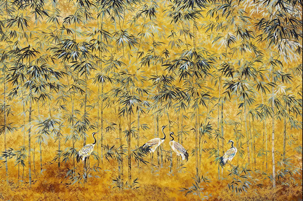 Papier peint grues japonaises fond jaune
