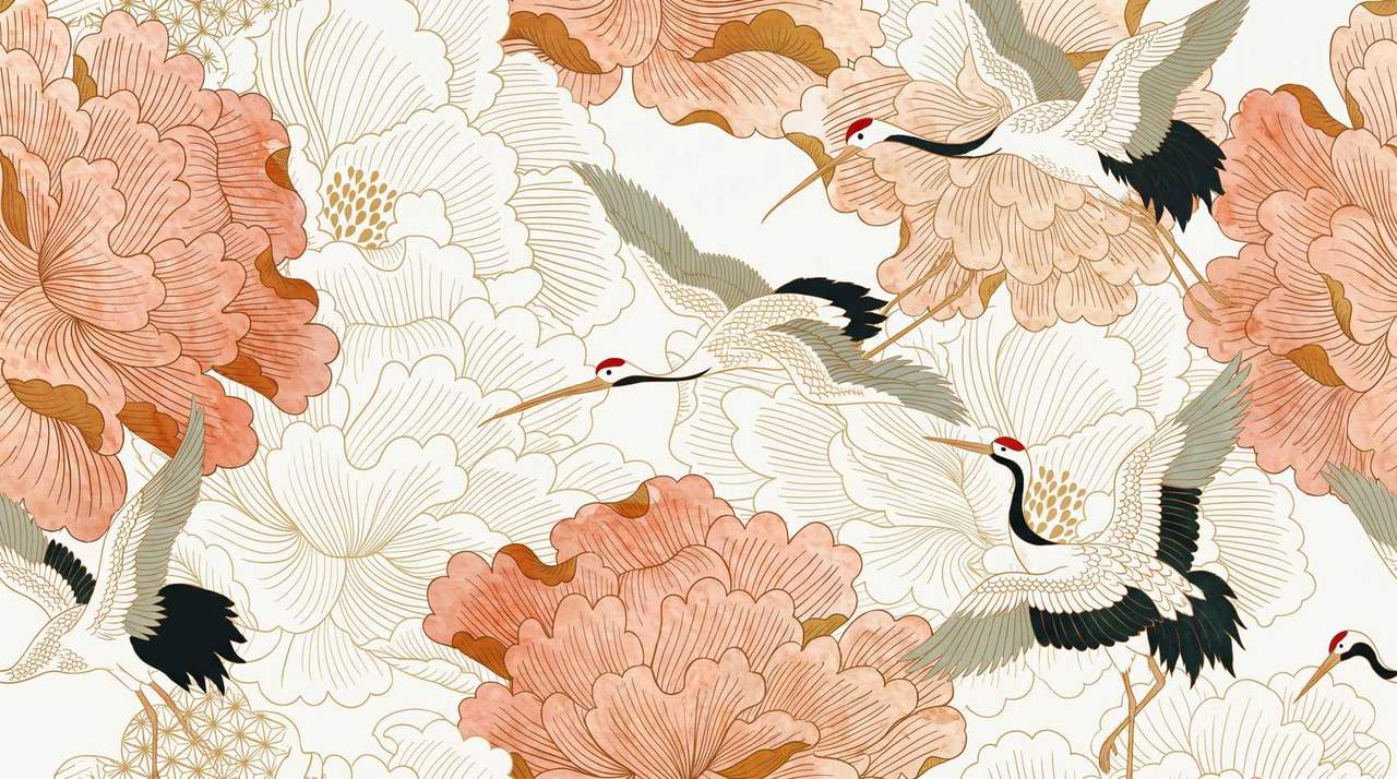 Papier peint fleurs et grues style japonais