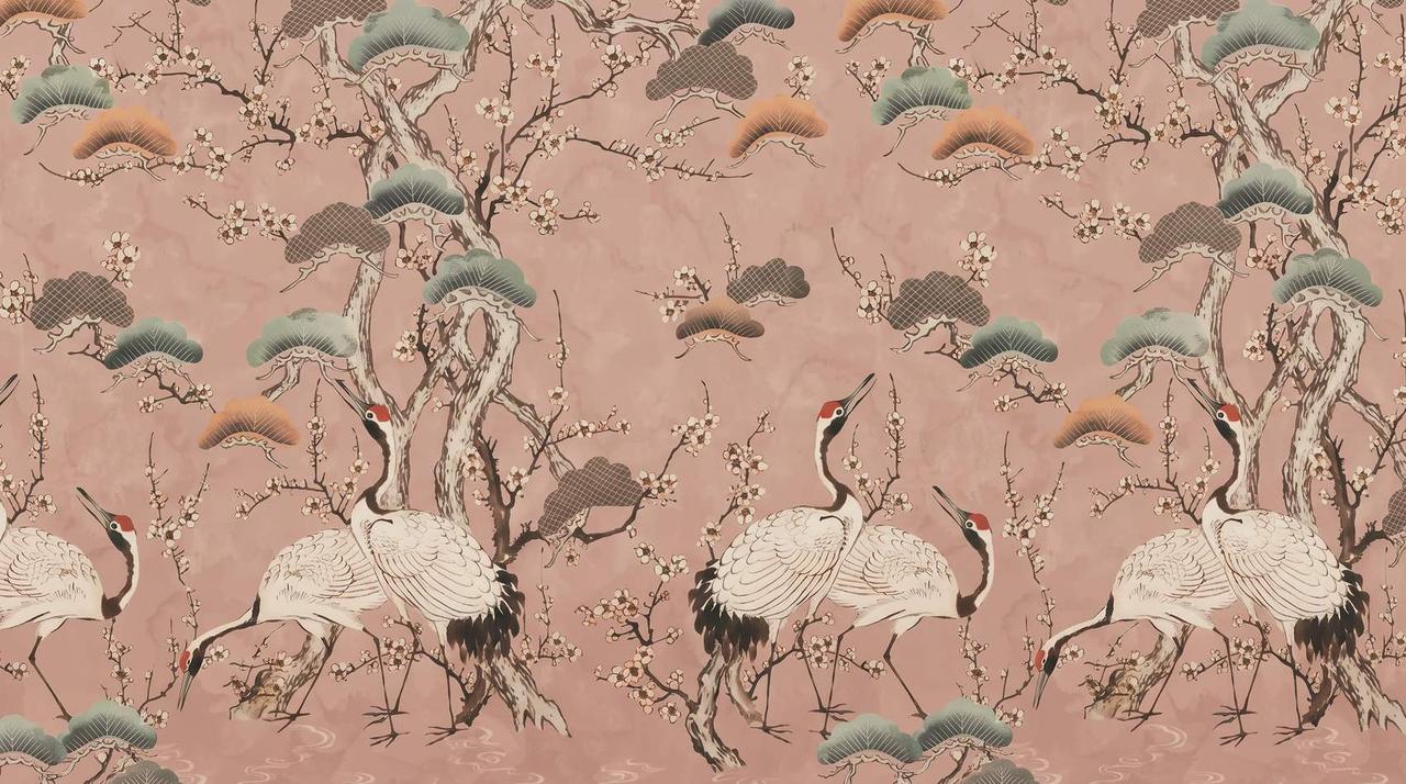 Papier peint japonais grues et cerisiers en fleurs