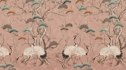 Papier peint japonais grues et cerisiers en fleurs