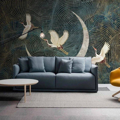 Papier peint japonais grues et lune sur fond bleu nuit deco mural