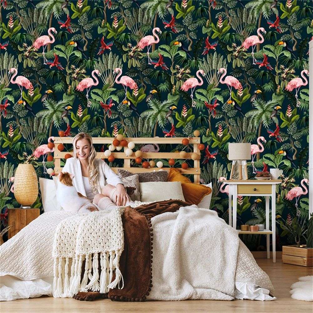 Papier peint tropical flamant rose deco mural