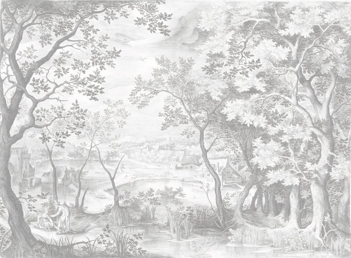 Papier Peint panoramique gravure ancienne Foret noir et blanc