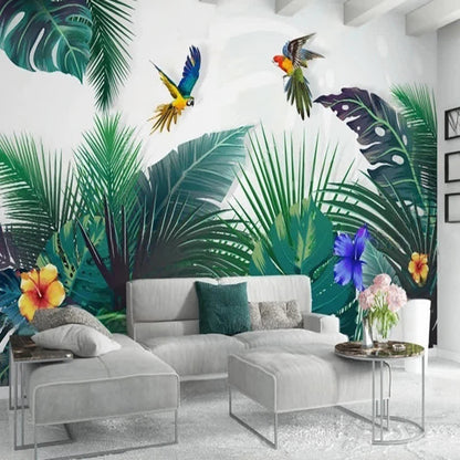 Papier peint 3D jungle avec perroquet deco mural