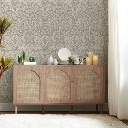 Papier peint William Morris gris taupe lapin et oiseaux deco mural