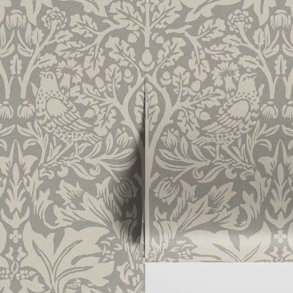 Papier peint William Morris gris taupe lapin et oiseaux motif