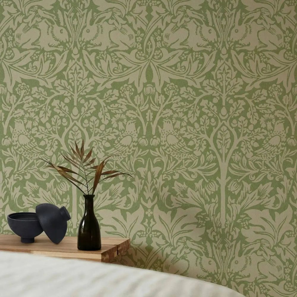 Papier peint William Morris vert sauge lapin et oiseaux