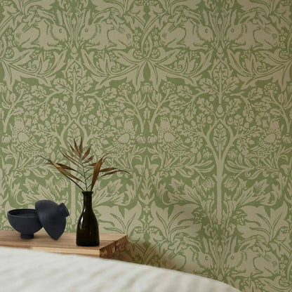 Papier peint William Morris vert sauge lapin et oiseaux