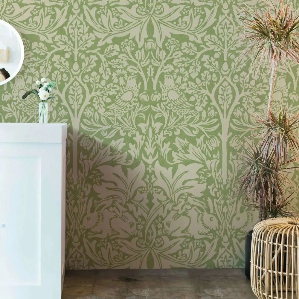 Papier peint William Morris vert sauge lapin et oiseaux deco mural