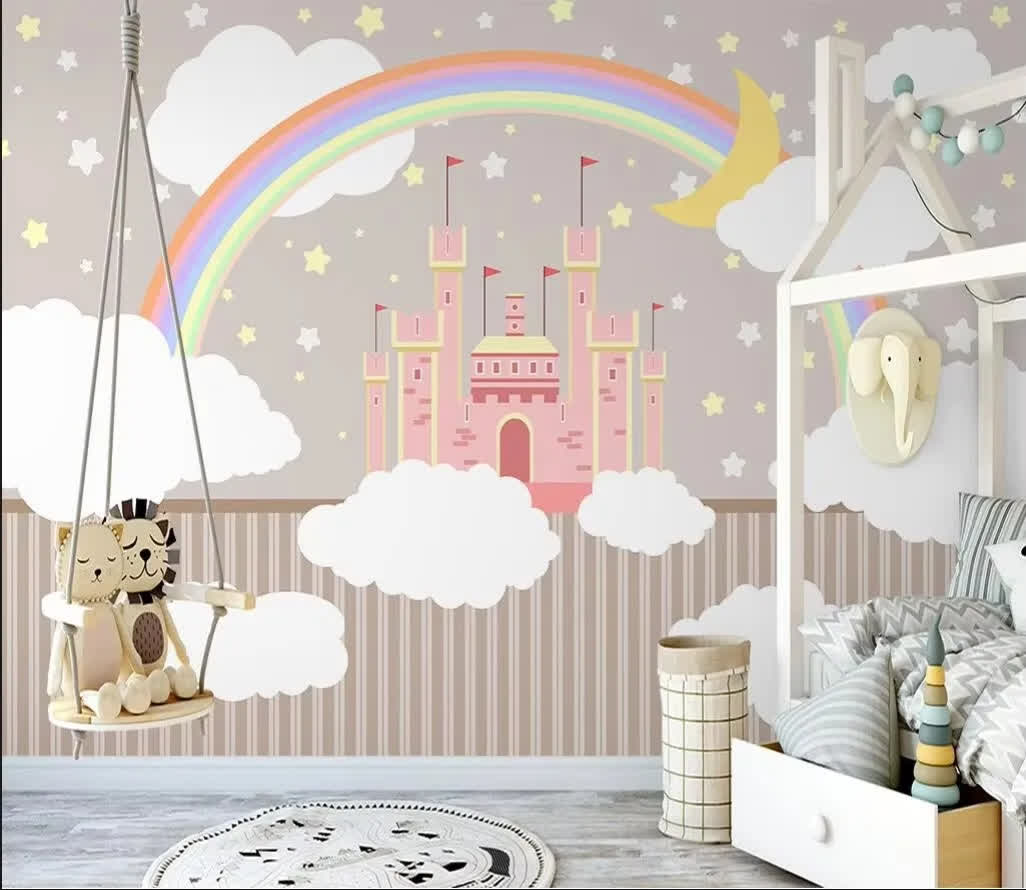 Papier peint arc en ciel chambre filles